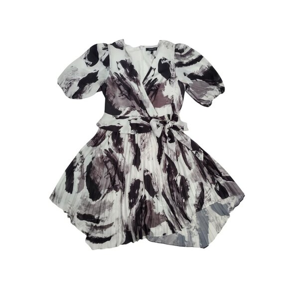 BCBGMaxAzria Women's Brushstroke Print Pleated Midi Dress with Puff Sleeves, 10 - Picture 4 of 8